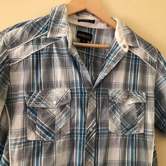 Helix Western Shirt Plaid Blue Gray Size M - Picture 2 of 7